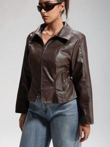 LYSMO Plus Size Casual Retro Brown Double Zipper PU Leather Jacket Brown Leather Jacket Women Winter Fall Autumn - Brown - View 8
