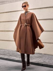 CLARA VERO Áo khoác len dài trùm đầu thanh lịch kèm thắt lưng - Lạc đà - Xem 6