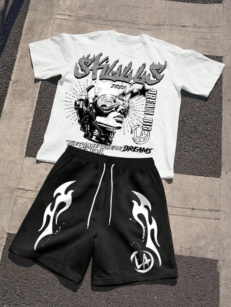 Manfinity EMRG 男士休闲肖像和字母印花圆领短袖T恤和短裤套装,夏季男士图案T恤和短裤套装图案T恤和短裤套装黑白短款套装男 - 彩色 - 查看 1