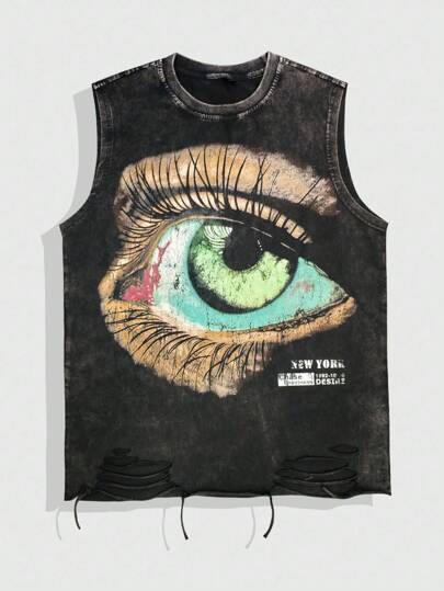 Grunge Punk ملابس علوية كاجوال للرجال بطبعة العين بياقة مستديرة وبأجزاء ممزقة، صيفي