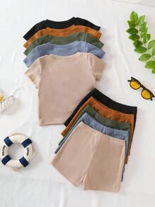 SHEIN Vintaside Kids 5 pièces Ensemble de vêtements pour bébé garçon, comprenant 5 hauts à manches courtes col rond texturés en tricot et 5 shorts texturés en tricot à taille élastique. Couleurs des hauts : kaki, bleu gris, vert kaki, marron et noir. Couleurs des shorts assorties aux hauts correspondants. Convient pour le printemps/été, les sports de plein air, les sorties décontractées, pour les bébés garçons de 6 mois à 2-3 ans