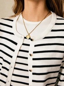 Poéselle 女士休闲条纹开衫和针织背心两件套，春秋 - 黑與白 - 查看 5