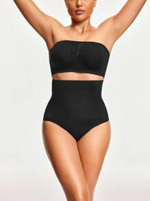 SHAPORA 2pcs/Set Women Solid Color Crop Tube Top And High Waist Panties Shapewear Set - Black - View 1