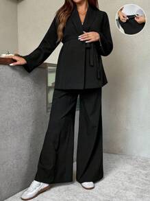 SHEIN 2pcs Maternity Set: Solid Color Shawl Collar Long Sleeve Jacket And Adjustable Waist Pants, Casual Suit  Fall Outfits For Women  Business Casual Women  Fall Clothes For Women  Business Casual Woman  Wide Leg Pants Woman  Business Casual Woman - Black - View 8
