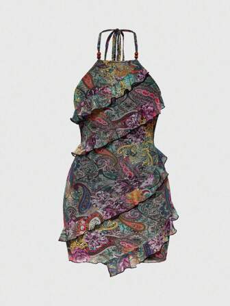Hippie Plus Size Y2K Retro Cashew Flower & Rose Print Bodycon Dress For Women