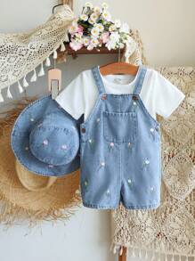 SHEIN Vintaside Kids 2 st/set babyflickors jumpsuit i denimtyg med broderad blomdekor, pastoral stil, moderiktig och bekväm, mångsidig vår-/sommaroutfit med accessoarer - Blå - Visa 3