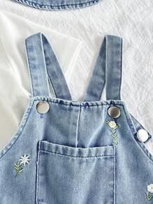 SHEIN Vintaside Kids 2 st/set babyflickors jumpsuit i denimtyg med broderad blomdekor, pastoral stil, moderiktig och bekväm, mångsidig vår-/sommaroutfit med accessoarer - Blå - Visa 6