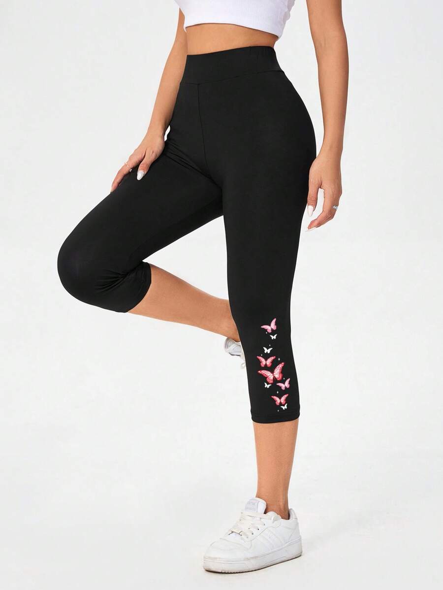 SHEIN Essnce Casual Knit Tight Butterfly Print Design Women's 3/4 Length Leggings, Summer Suitable For Going Out Fall Clothes - Black - View 1