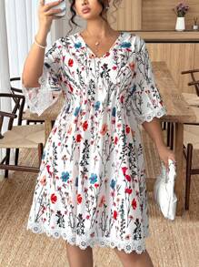 SHEIN Clasi Plus Size Woven Short Romantic Contrast Lace Deep V-Neck Beach Vacation Dress - White - View 1