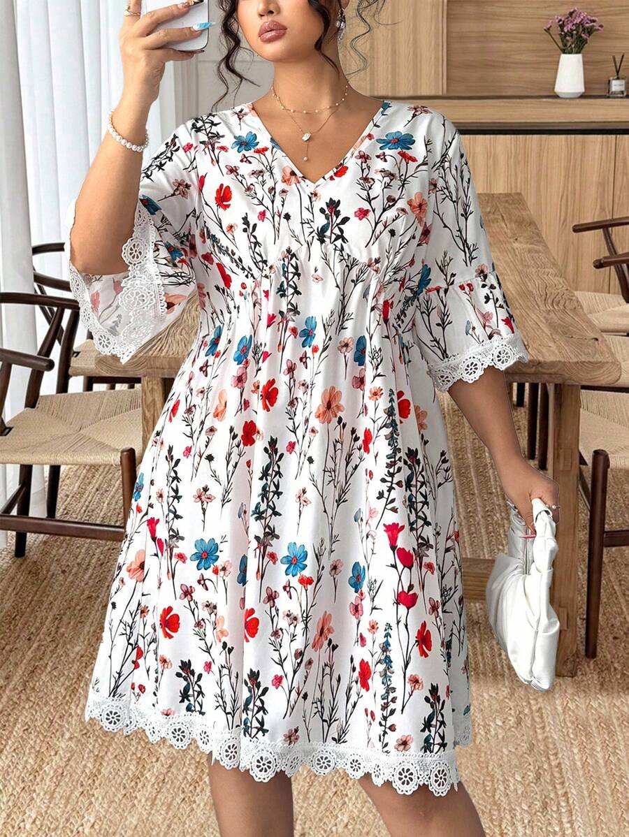 SHEIN Clasi Plus Size Woven Short Romantic Contrast Lace Deep V-Neck Beach Vacation Dress - White - View 1