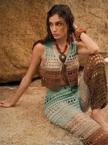 Swim Chiccia 女士镂空扭纹V领渐变色无袖罩衫