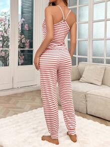SHEIN 前扣式条纹印花吊带连体裤休闲女式家居套装 - 紅色 - 查看 2