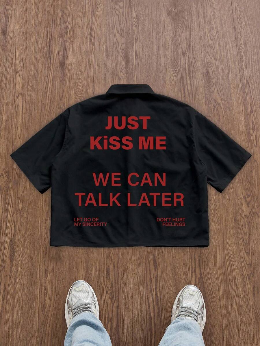 Manfinity Roghcode 男士夏季休闲宽松标语印花黑色衬衫