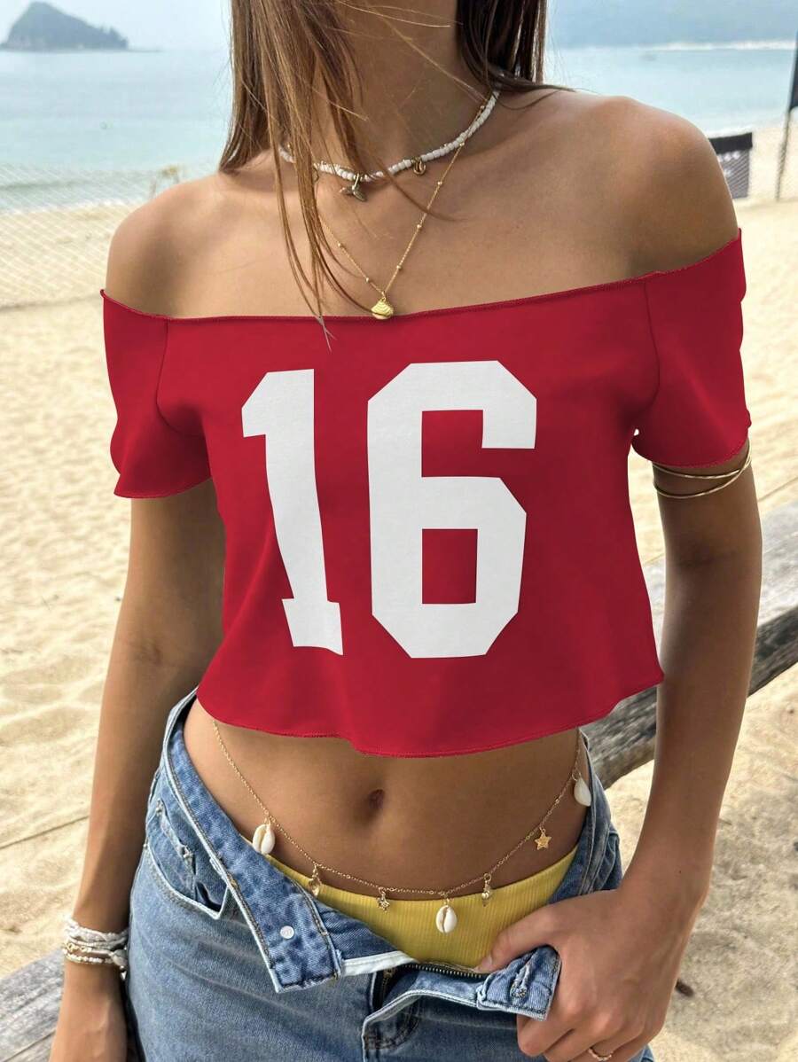 Jouncy Women's Off-Shoulder Summer Fashion Cropped Printed T-Shirt - Red - View 1
