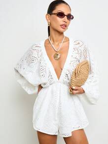 AiiRZ Mono con mangas abullonadas, bordado inglés, cubrecosturas para la playa, vestimenta de resort, mono de verano, pantalones cortos con escote en V profundo, ropa de playa para vacaciones