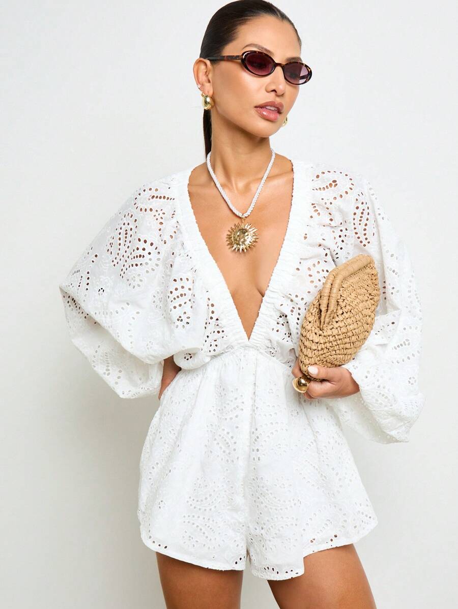 AiiRZ Mono con mangas abullonadas, bordado inglés, cubrecosturas para la playa, vestimenta de resort, mono de verano, pantalones cortos con escote en V profundo, ropa de playa para vacaciones