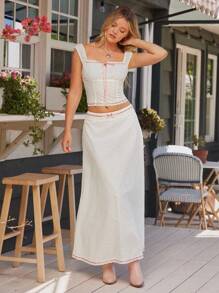 WESTFADE Top ajustado con cuello cuadrado, lazo y corte Keyhole con bordado de ojales y cinta de satín, y falda maxi con lazo en la cintura y fluida, conjunto veraniego de estilo country y boho para concierto, brunch o vacaciones en la playa
