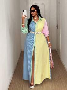 Maweii 2025 女式大码条纹撞色宽松袖通勤休闲连衣裙，时尚立领开叉设计，春夏 - 彩色 - 查看 3