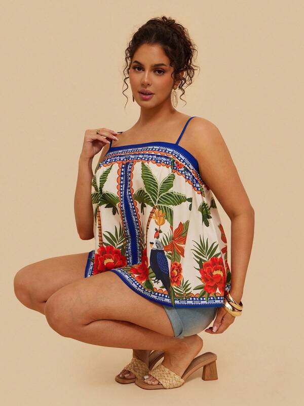 Travachic Plus Size Women Palm Tree Print Loose Fit Cami Tank Top, For Vacation Plus Size Summer Top Plus Size Tropical Top Plus Size Resort Wear Plus Size Beachwear Cute Tops Airport Outfit For Women Animal Print Vacation Outfits Woman Back To School Teacher Outfits For Women School Clothes Back To School Clothes Fall Women Clothes Grunge Old Money Kawaii Travel Outfit Airport Casual Autumn Clothes