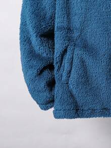 青少年男孩纯色拉链口袋长袖蓬松休闲夹克 - 藍色 - 查看 3