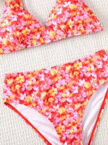 SHEIN Tween Girls Ditsy Floral Spaghetti Strap Bikini Swimwear Set For Beach Holiday - Hot Pink - View 5