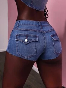Slaydiva Women's Sexy Ultra-Low Waisted Super Short Denim Shorts, Summer - Blue - View 3