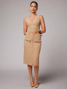 Silquee Women's Elegant Office Camel Summer Business Casual Khaki V-Neck Sleeveless Vest & Mid-Length Cargo Pocket Front Slit Skirt Suit Sets,Slim Woven Suits - Khaki - View 3