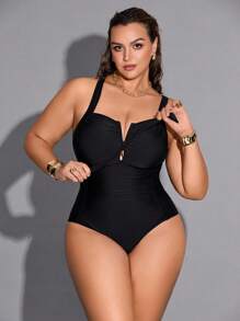 Shapewave 加大码纯色连体泳衣，适合度假和海滩 - 黑色 - 查看 4