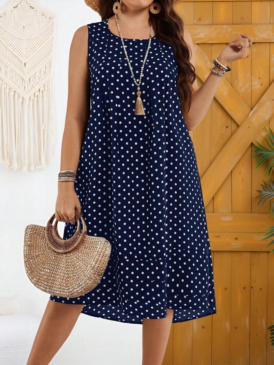 EMERY ROSE Vestido de vacaciones de mujer de talla grande con estampado de lunares, cuello redondo y sin mangas, Conjuntos de vacaciones de mujer, Atuendos de verano para mujer, Ropa de oficina, Atuendos de vacaciones de mujer, Atuendos de verano para mujer Festival Bohemio, Atuendo de vacaciones