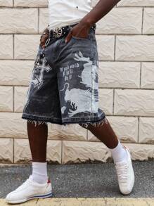 ROMWE MEN Street Life Men's Gothic Washed Cross Dragon Print Denim Shorts, Halloween - Black - View 1