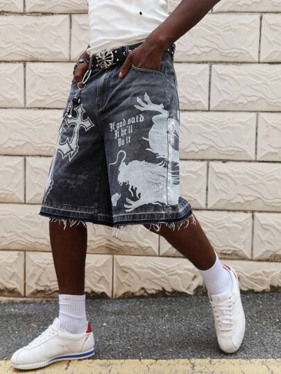 Street Life Men's Gothic Washed Cross Dragon Print Denim Shorts, Halloween