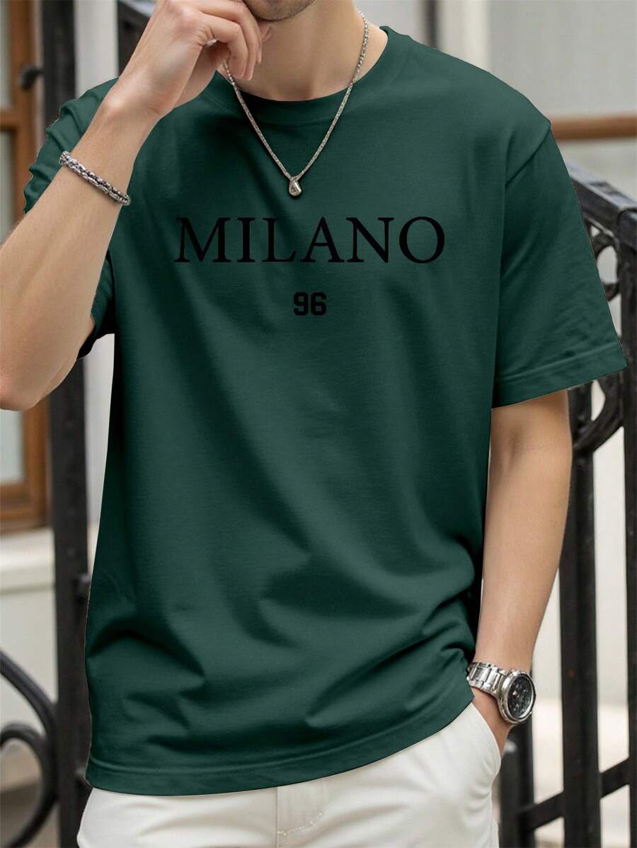 Manfinity Homme تي شيرت رجالي بياقة مستديرة وأكمام قصيرة، موضة مبسطة، مناسب للصيف - أخضر داكن - مشاهدة 1