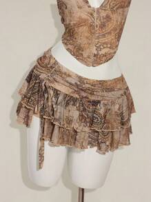 SHEIN ICON Low-Waist Paisley Print Halter Top And Skirt Set Sea Shell Outfit Brown Two Piece Set Women Short Skirt Set Skirt Swimsuit Set Havana Nights Outfit - Khaki - View 4