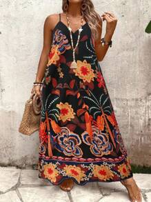 SHEIN Holidaya Plus Size Women Floral Print Loose Long Strap Casual/Work/Vacation Dress, For Summer - Black - View 7