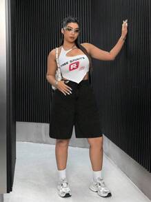 SHEIN CURVE+ Shorts di jeans casual morbidi e ampi per donne taglie comode - nero - Visualizzare 3