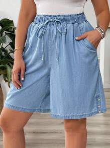 EMERY ROSE 大码女式腰带口袋宽腿宽松牛仔短裤 - 中等水洗藍 - 查看 1