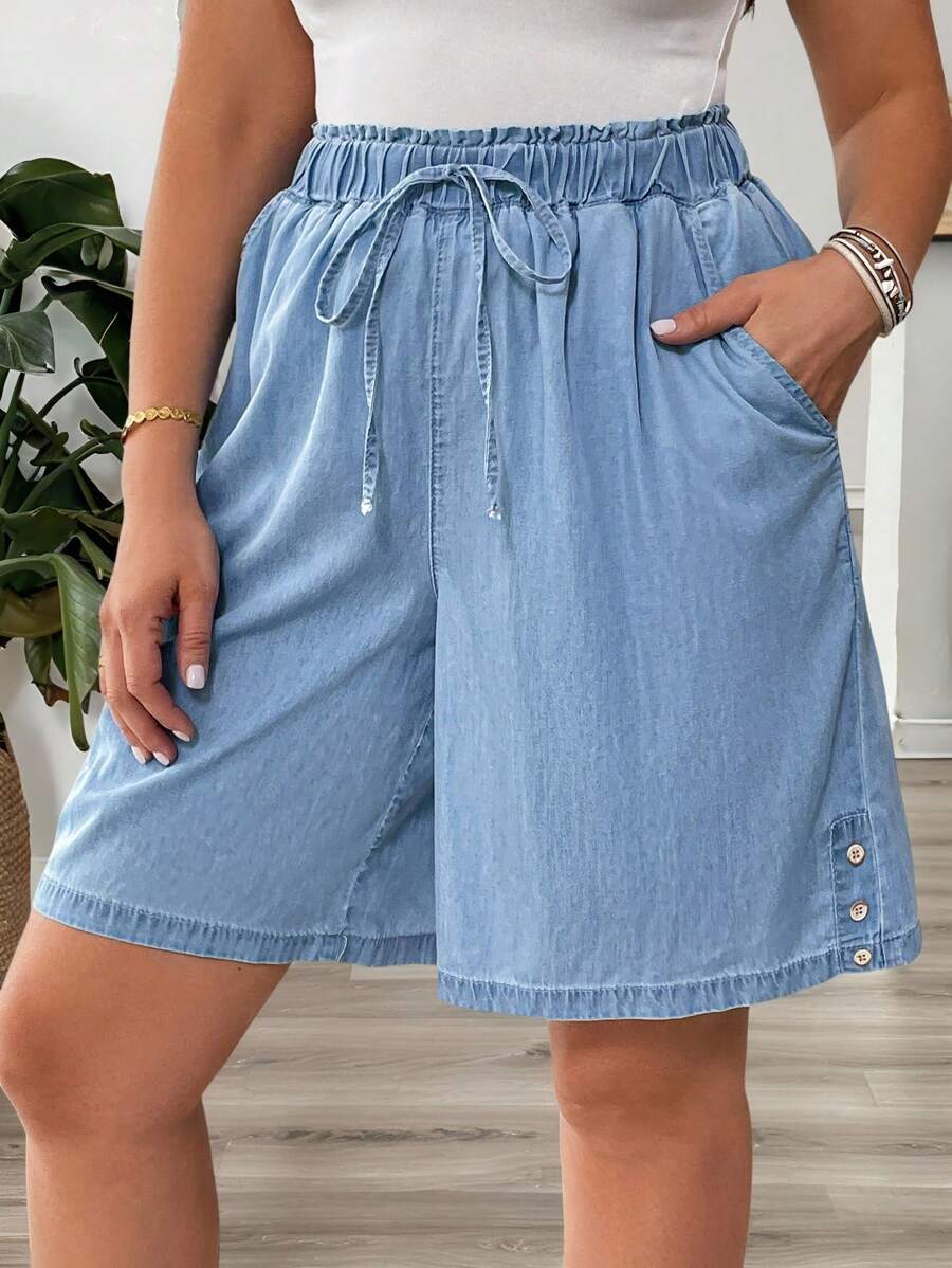 EMERY ROSE 大码女式腰带口袋宽腿宽松牛仔短裤 - 中等水洗藍 - 查看 1