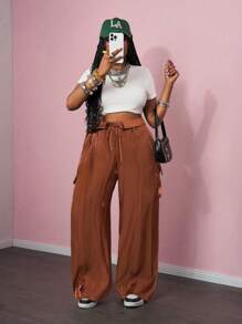Slaydiva 2025春夏新款宽松腰工装口袋装饰阔腿大码裤-Z，适合音乐节、街头、度假