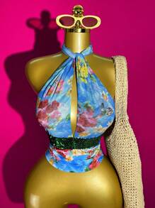 Slaydiva 女士花卉印花拼布亮片露背罩衫，适合度假、乡村音乐会穿着