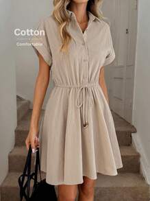 Easowa 女式短袖半开领衬衫式连衣裙，系腰，棉质面料，舒适 - 杏色 - 查看 4