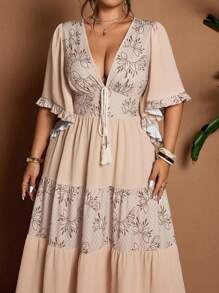 Flirla Plus Size V-Neck Color Block Floral Print Ruffle Sleeve Maxi Dress, Elegant Vintage Bohemian Casual Holiday Dress - Multicolor - View 4