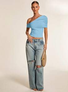 Glamine 女士针织不对称褶皱优雅女士上衣单袖上衣不对称领口上衣不对称上衣。Y2K 秋季复古女士旅行机场 - 藍色 - 查看 3