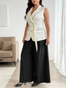SHEIN LUNE Plus Size Summer Elegant Commuter Vest Wide Leg Pants Two Pieces Set - Apricot - View 6