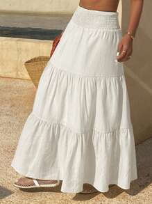 DAZY Women's Summer Vacation Solid Color Textured Ruffle Hem A-Line Skirt Boho - White - View 5