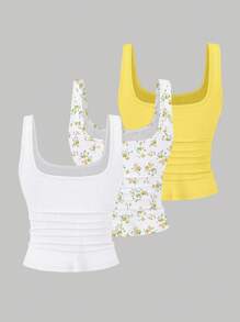 SHEIN LUNE 3件套加大码女式休闲纯色及印花图案无袖上衣套装，夏季 - 彩色 - 查看 2