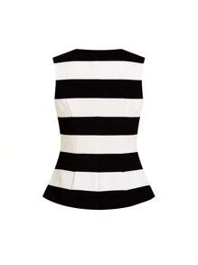 Ellevyn 女士黑白条纹无袖圆领金色纽扣前开襟夹克，春夏秋冬女装商务休闲女教师服秋季女士度假装女士商务休闲女装 - 黑與白 - 查看 5