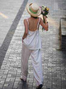 DAZY Ensemble de 2 pièces pour femmes, débardeur rayé et pantalon ample à jambes larges. Ensemble de détente color block pour femmes, shorts pour femmes - Blanc - Voir 4