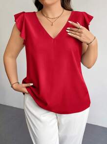 Firerie Plus Size Elegant V-Neck Ruffle Trim Sleeved Red Formal Casual Summer Blouse,Suitable For Teachers In Summer - Red - View 6