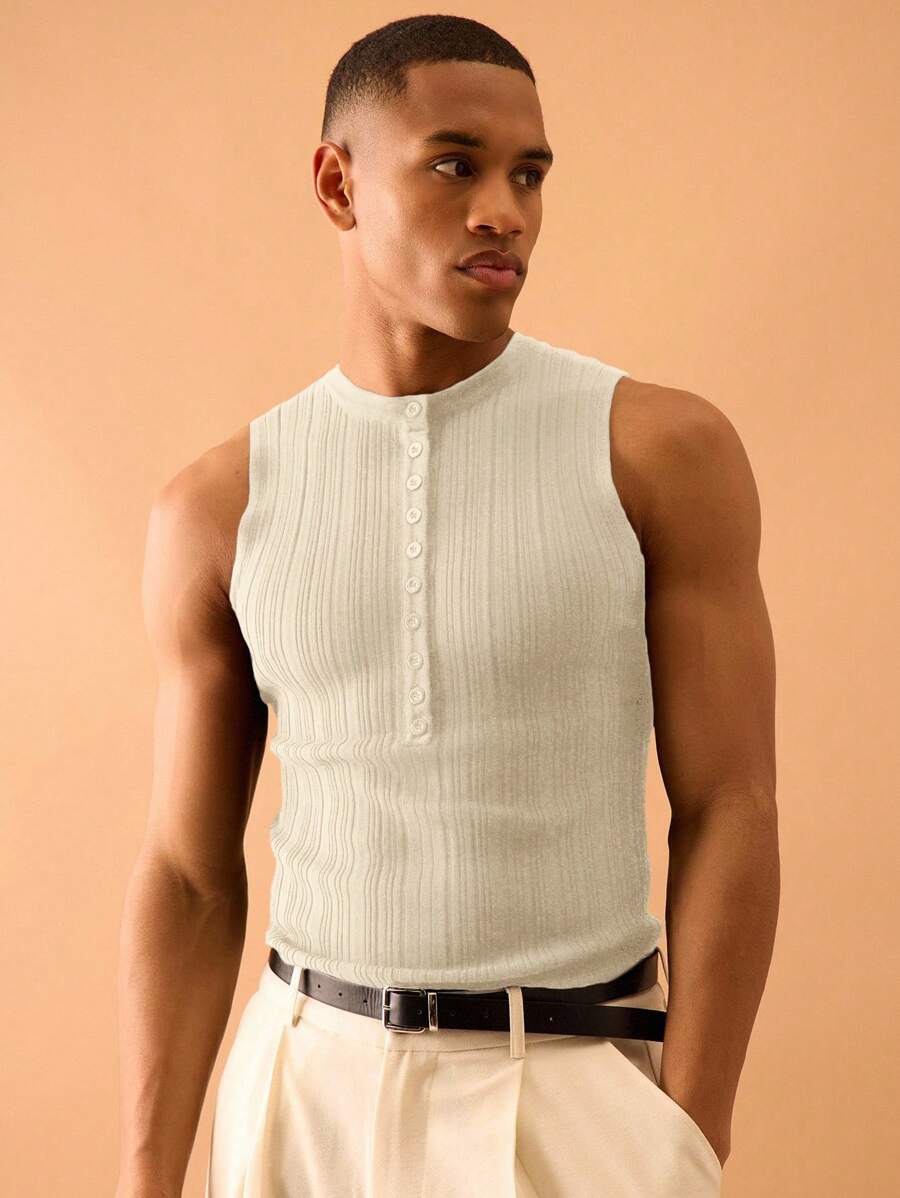 Musero 修身前襟罗纹针织背心 夏季街头风度假休闲 - 米色 - 查看 1