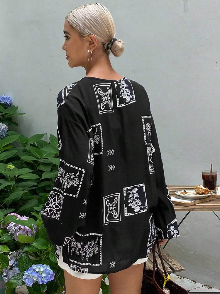 Women's Floral Printed Loose Long Sleeve V-Neck Tie Front Casual Resort Shirt Top, Summer